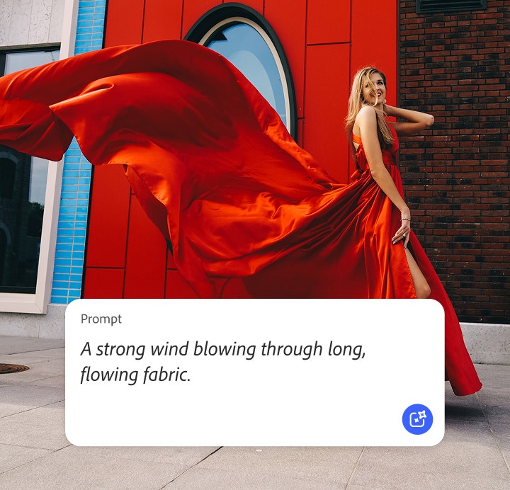 Femme se tenant debout sur un trottoir, vêtue d'une robe rouge qui ondule au vent, avec l'interface de Firefly affichant un prompt destiné à produire un effet sonore de vent fort