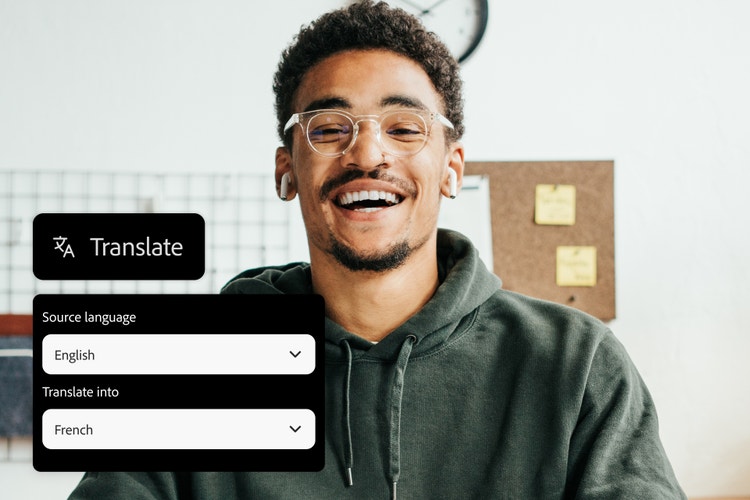 Image d'un jeune homme avec, en incrustation, l'interface de l'outil de traduction par IA configuré pour traduire de l'anglais vers le français
