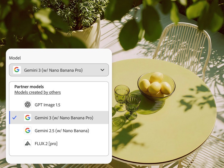 Image d'une table, vue du dessus, à l'extérieur par une journée ensoleillée, avec un saladier contenant des citrons à côté de deux verres vides; à gauche, interface utilisateur en incrustation avec le modèle Gemini 3 (avec Nano Banana Pro) sélectionné