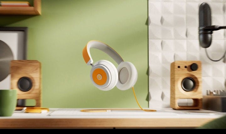 Rendu 3D d'un casque audio flottant au-dessus d'un bureau