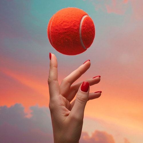 AI generated image of a hand with red nails tossing an orange tennis ball against a colorful sunset sky, created using Gemini.