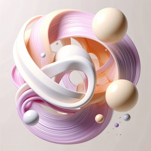 AI generated image of an abstract 3D composition of pastel ribbons and spheres, created using Adobe Firefly.