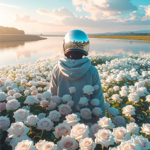 AI generated image of a person in a reflective helmet standing in a field of white roses near lake, created using Firefly.