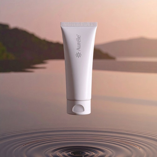 AI generated image of a skincare product container floating above water ripples, set against a pink and beige background, created with Adobe Firefly.