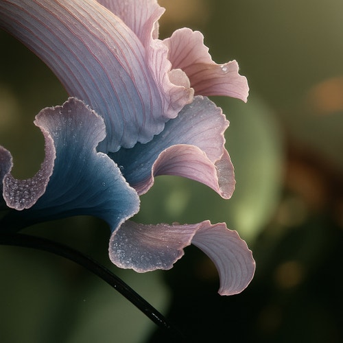 AI generated close-up of delicate pastel petals with dew drops, created using ChatGPT.