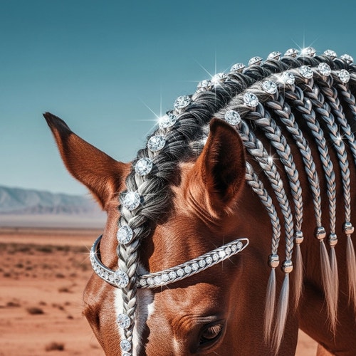 AI generated image of a horse with a rhinestone embellished braided mane with silver tassels in a desert landscape, created with Adobe Firefly.