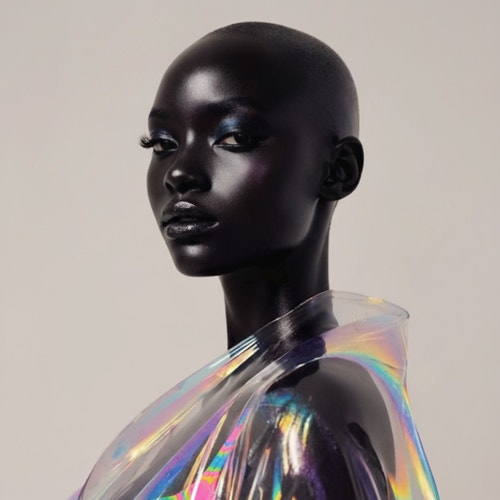 AI generated image of a futuristic mannequin wearing a translucent garment with sleek design, created using Runway.