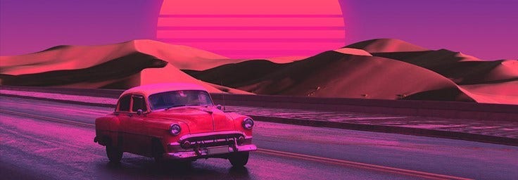 Retro car driving into the sunset, Picture