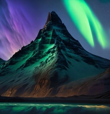 Mountain night scene with aurora lights showing results how generative AI changes creative work and photography
