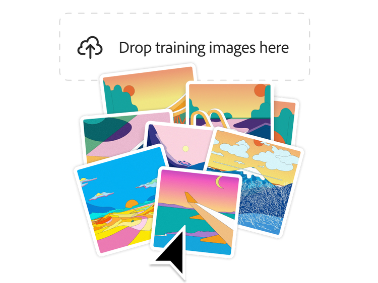 An upload icon with the phrase "Drop training images here" is shown. Below we see a collection of illustration thumbnails being dropped in a pile, all with a similar look and feel.