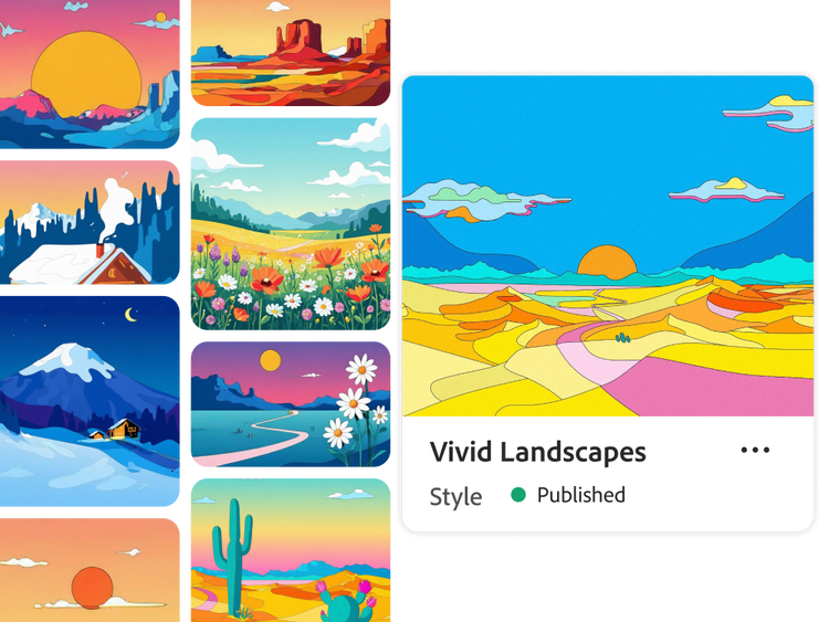 A grid of similarly vibrant landscape illustrations is shown next to a larger thumbnail landscape showing the name of the Custom model, Vivid Landscapes, along with the words "Style" and "Published."