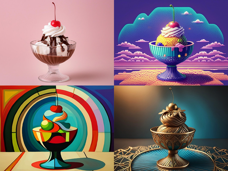 An image of a hot fudge sundae along followed by AI-generated images of three more sundaes in a variety of visual styles, including one with vibrant colors and another that looks like a bronze statue.