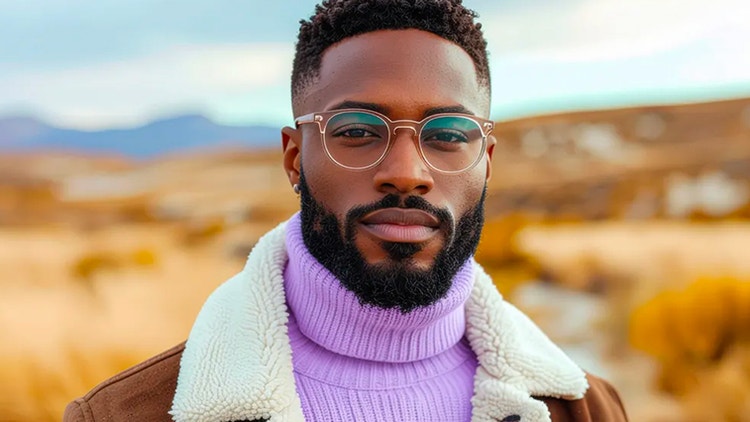 Headshot of a man wearing glasses, a purple turtleneck, sheepskin coat. He stands in front of a blurred mountain background