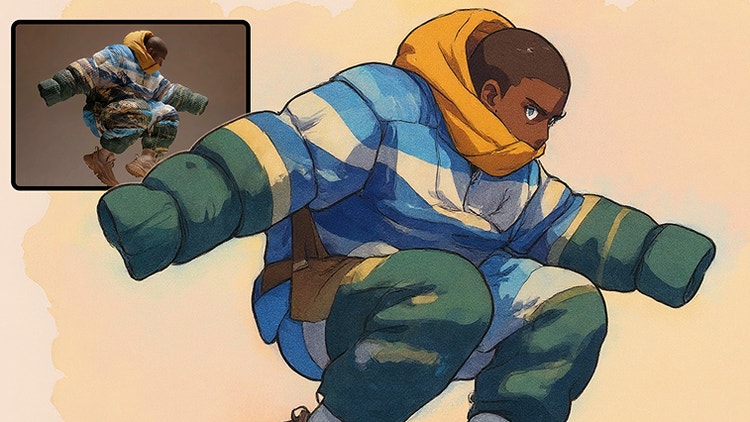 Cartoon of a person in the air with legs bent and arms spread, with inset photograph from which the cartoon was generated using Firefly.