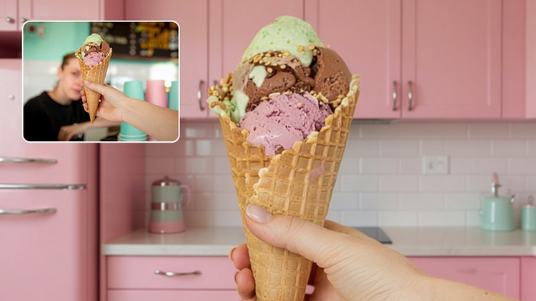 An image of an ice cream cone being offered to a woman is edited in Firefly to add a new background of a pink, retro kitchen.