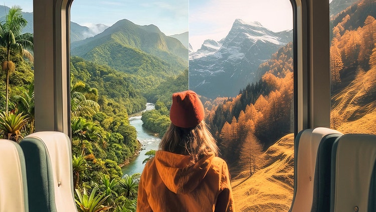 Photo of a woman looking out of a window with 'Replace jungle landscape with autumnal mountain landscape' prompt