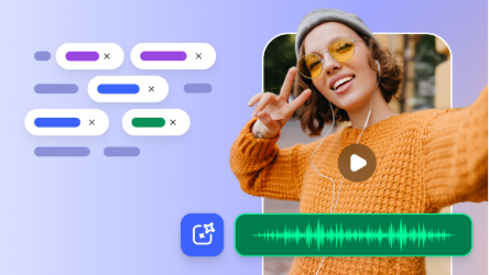 Person in colorful outfit with peace sign, play icon, and UI elements suggesting AI generated video or audio content.