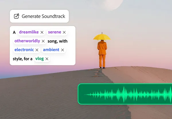 AI soundtrack generation concept showing a person with an umbrella on desert dunes under pastel sky, alongside waveform and descriptive music tags.