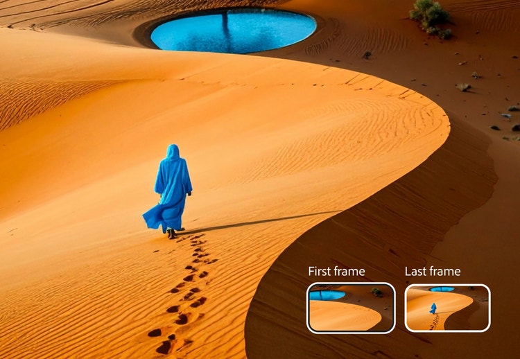 AI-generated video concept showing a person in blue walking across orange desert dunes toward a blue water pool, with first and last frames displayed