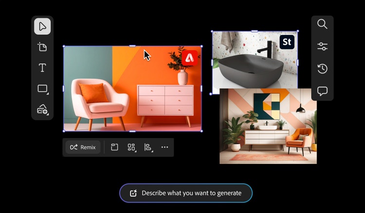 A digital mood board example of interior design featuring bold colors and modern design.