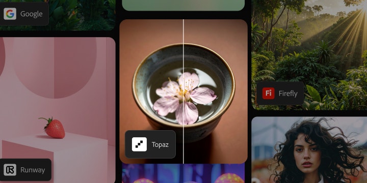 Collage featuring a split image of a cherry blossom in a bowl. The right side of the image is sharper thanks to Topaz Astra video upscaler.