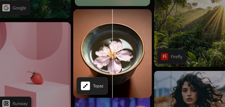 Collage featuring a split image of a cherry blossom in a bowl. The right side of the image is sharper thanks to Topaz Astra video upscaler.