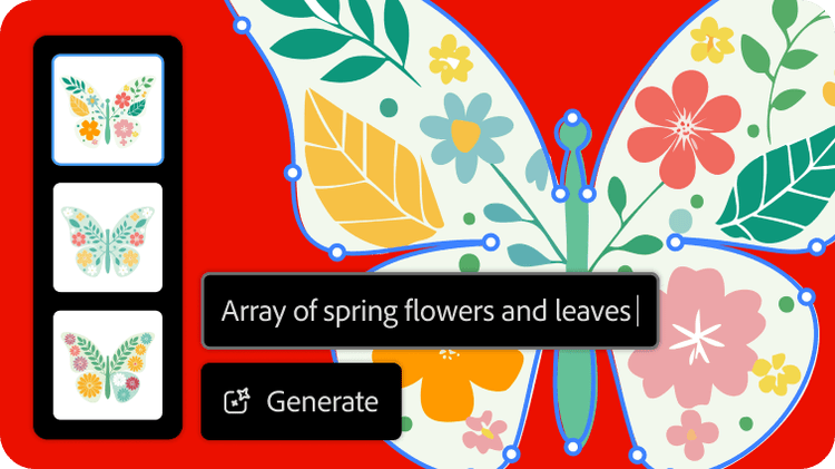 An illustration of a butterfly with a floral pattern drawn on top and the text 'Array of spring flowers and leaves'