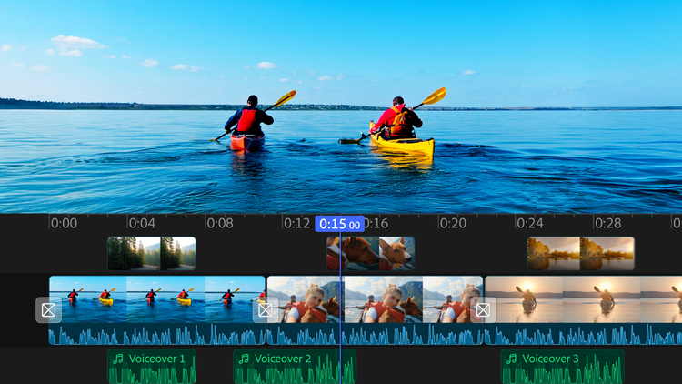 Footage of kayakers with the video editing timeline showing multiple tracks.