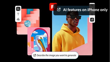 AI-generated images of a stork, a man in a yellow hoodie, and abstract shapes with overlays of the Firefly logo and prompt bar. AI features on iPhone only