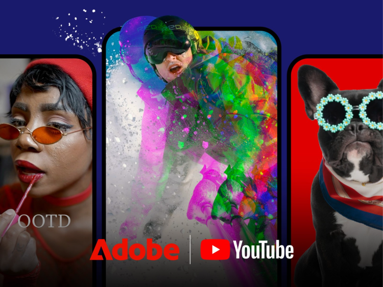 Frames from three YouTube Shorts — a woman in red-tinted glasses, a snowboarder, and a dog in flower-framed glasses — with Adobe and YouTube logo overlays.