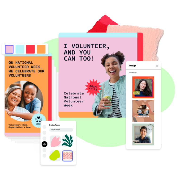 Multiple flyers and creative assets advertising nonprofit volunteer events