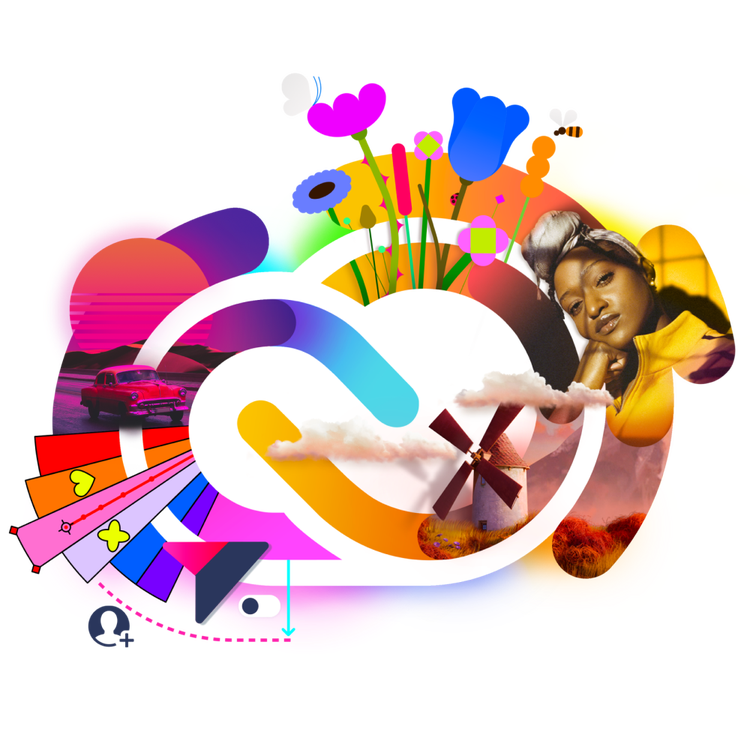 Creative Cloud logo with a woman, flowers, a car and a windmill mixed in