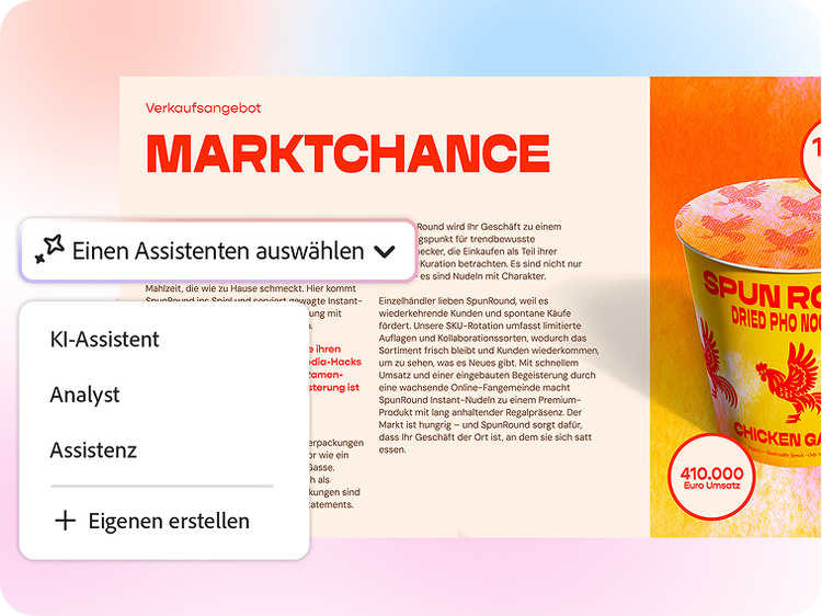 Screenshot eines Verkaufsangebots mit KI-Assistenten-Menü und der Option, einen KI-Assistenten, Analysten oder Kursleiter zu wählen.