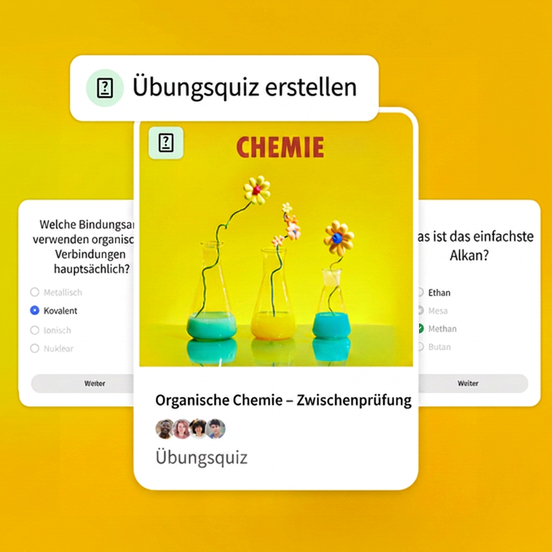 Prompt zur Erstellung eines Übungsquizzes für die Zwischenprüfung in organischer Chemie. In der Mitte stehen drei Laborbechergläser, aus denen Blumen herausragen. Auf beiden Seiten sind Chemiequizfragen zu sehen.