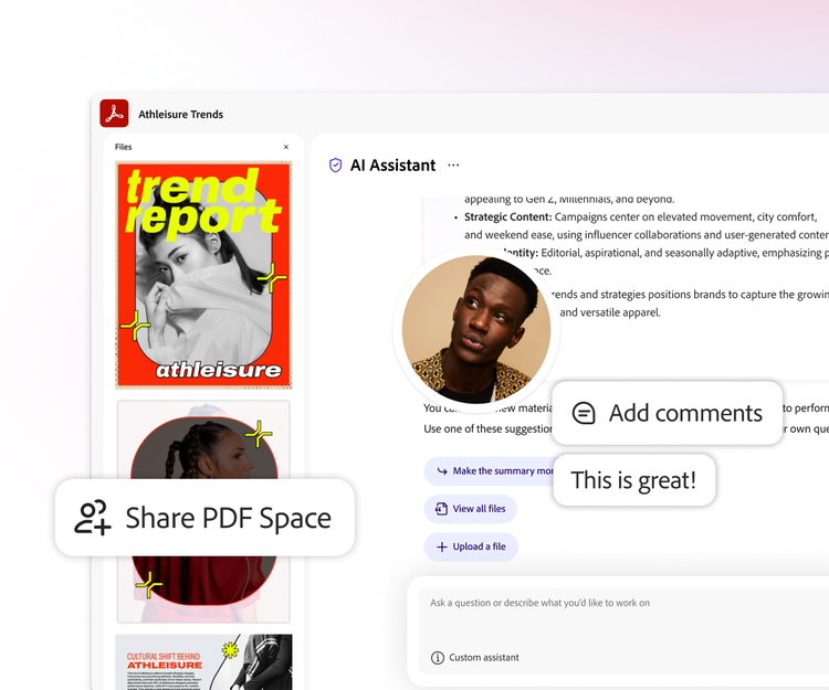 https://www.adobe.com/acrobat/media_1192b6e197e29acbf6b506c2151da5f75f253a82d.mp4#_autoplay1 | Eine Grafik des KI-Assistent von Acrobat zeigt einen Workspace mit der Aufforderung „PDF Space teilen“.