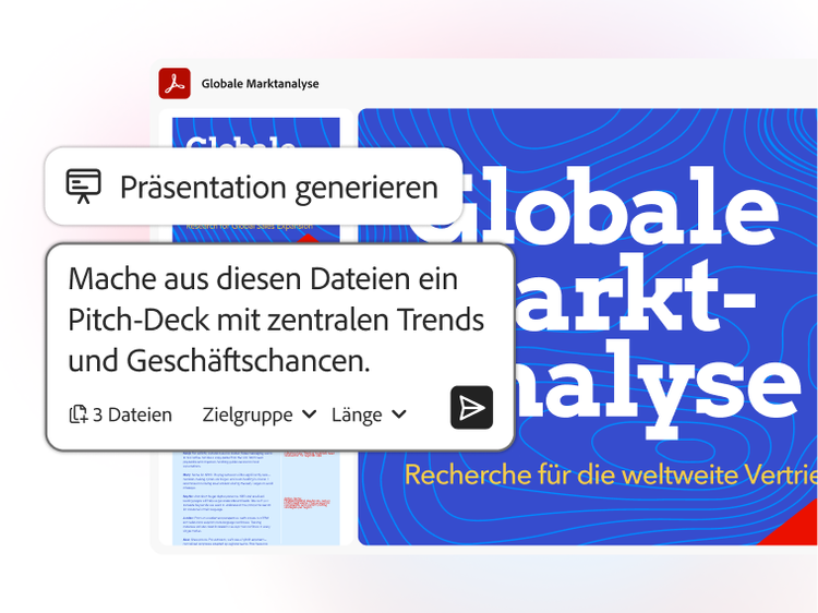 https://main--da-dc--adobecom.aem.page/dc-shared/fragments/modals/videos/acrobat/generative-ai-pdf/generate-a-presentation#generate-presentations | Benutzeroberfläche zeigt „Bildschirmpräsentation generieren“ aus Dateien und wandelt drei Dokumente in eine Bildschirmpräsentation zur globalen Marktanalyse um. | :play: