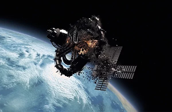 VFX-Explosion eines Satelliten, der einen Planeten umkreist