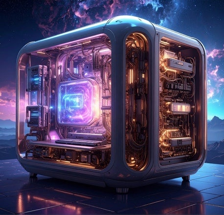 Ein surreales Bild eines leuchtenden PCs mit transparentem Gehäuse vor einer Bergkulisse und sternenklarem Himmel, erstellt mit generativer KI.