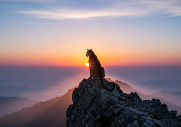 Puma, der über einen nebligen Sonnenaufgang nach unten blickt