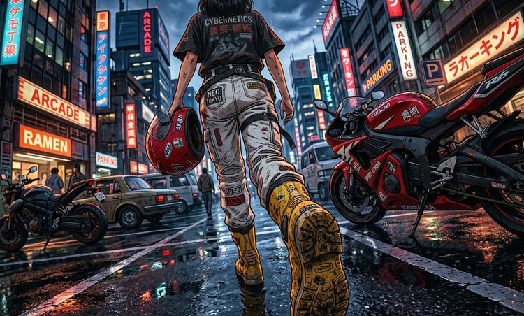 Bild im Anime-Stil von einem Mädchen mit rotem Motorradhelm, das durch eine heruntergekommene Straße in der Stadt läuft.
