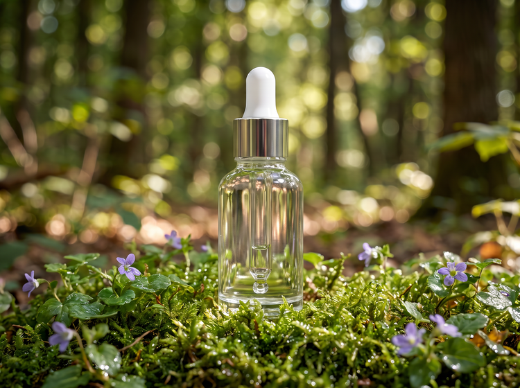 Serumflasche auf Moos und Blumen in einem Wald.