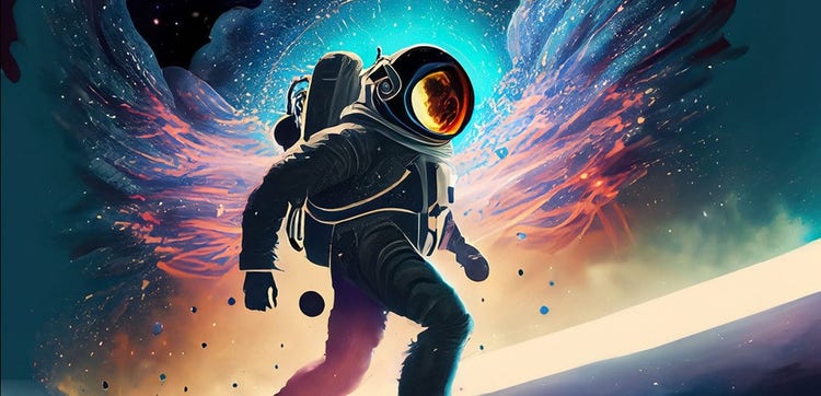 Ein mit Firefly generierter Astronaut vor einem mehrfarbigen Weltraum-Hintergrund als Beispiel dafür, wie KI kreatives Arbeiten verändert