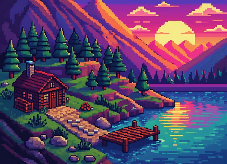 Pixel-Art-Szene im isometrischen Stil mit einer Hütte und einem Pfad, der zu einem Steg am See führt, und einer strahlenden Sonne, die hinter orangefarbenen Bergen in der Ferne untergeht