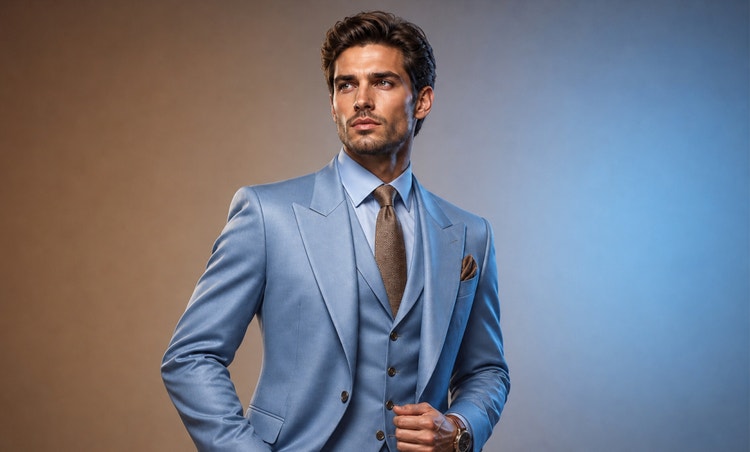 Ein Mann trägt einen eleganten hellblauen dreiteiligen Anzug mit brauner Krawatte und Einstecktuch vor einem Studio-Hintergrund.