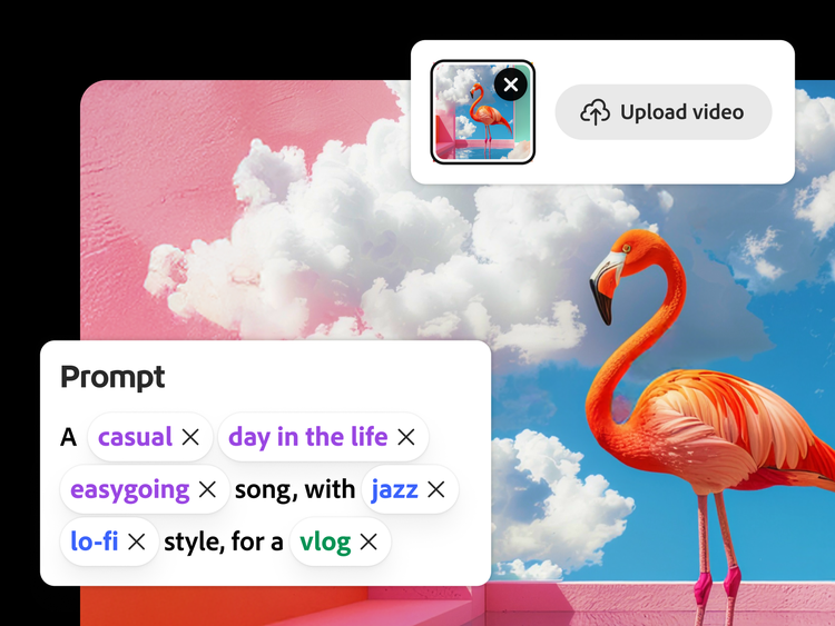 Illustration eines pastellfarbenen Flamingos vor Wolken und sanftem Himmel, darüber eine Oberfläche für Musik-Prompts mit getaggten Keywords für einen entspannten Lo-Fi-Jazz-Song für einen Vlog und ein Fenster für Video-Uploads.