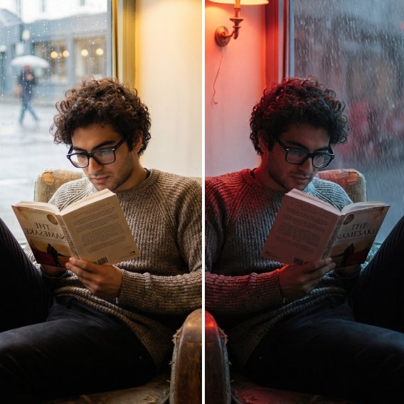 Zwei Versionen vom Bild eines Mannes, der in einem Café ein Buch liest. Im linken Teil kommt warmes Licht aus einer zentralen Lichtquelle, im rechten Teil ist die Beleuchtung dramatisch rot und blau.