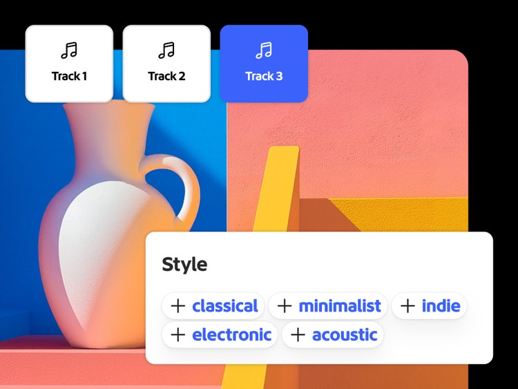 Abstrakte Stillleben-Szene mit einer Keramikvase und geometrischen Formen in kräftigen Farben, darüber eine Oberfläche mit mehreren Musik-Tracks und einer Stile-Palette mit Genre-Optionen.