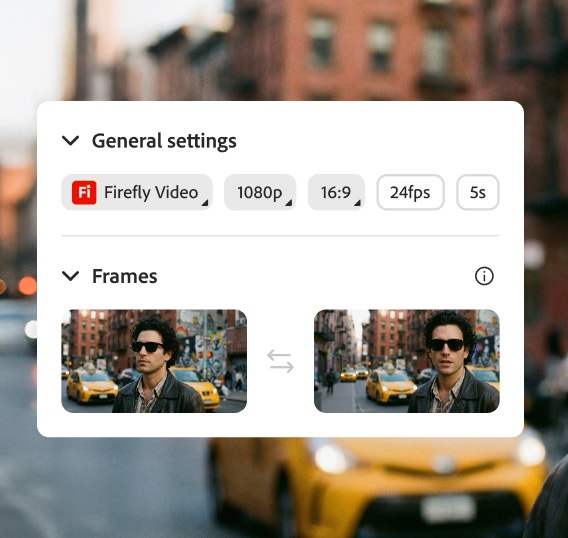 Das KI-generierte Bild eines Mannes mit Sonnenbrille auf einer belebten Straße wird mithilfe von Firefly-Modellen in ein Video verwandelt.