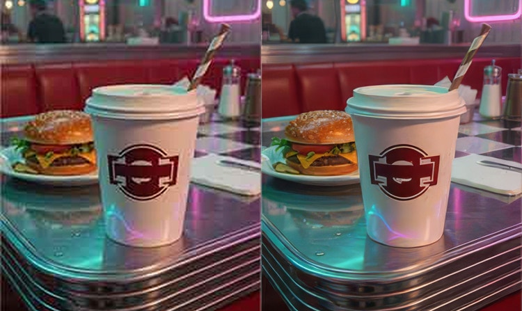 Zwei Bilder einer Mahlzeit in einem Burger-Restaurant mit einem Softdrink im Vordergrund. Im rechten Bild ist das Logo auf dem Getränk schärfer.