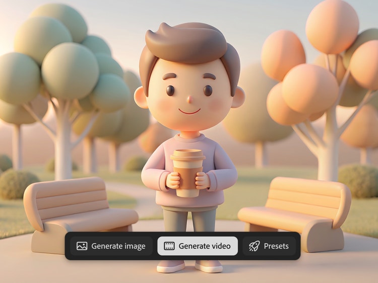 https://main--da-cc--adobecom.aem.page/cc-shared/assets/products/firefly/features/ai-animation-generator/media_159abeeddf1b567b2570ff96a9e39a8b067dc543c.mp4#_autoplay | 3D-gerenderter Mann mit Kaffeetasse in pastellfarbener Parkszene mit weichem Licht und abgerundeten Formen.